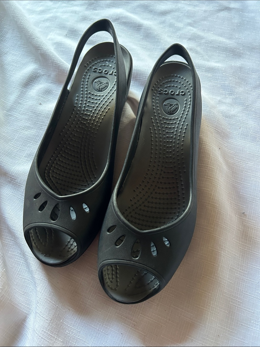 CROCS Black Peep-Toe Slingback Flats